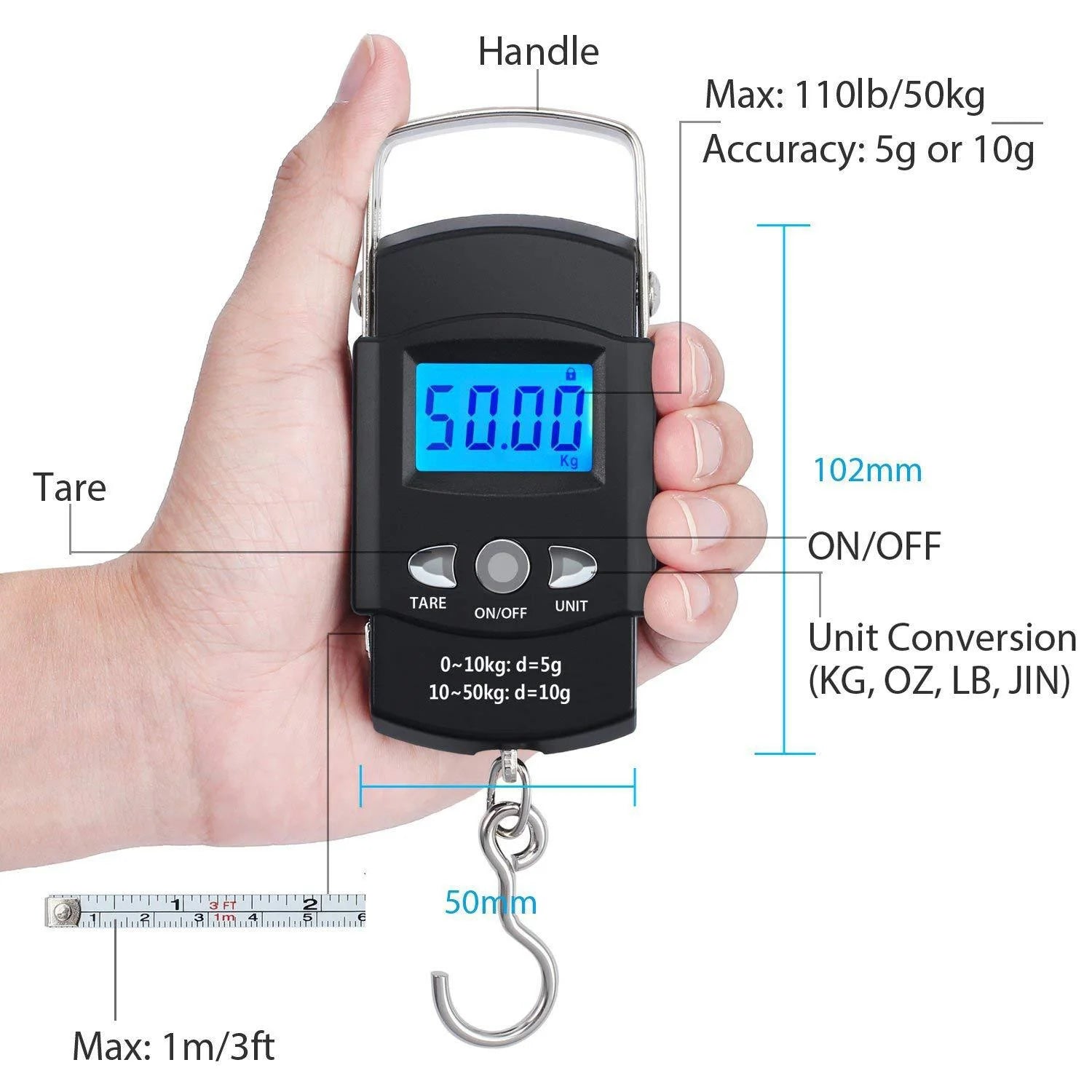 FLYSAND Electronic Scale Backlit LCD Display 110lb/50kg with Measuring Tape Balance Digital Fishing Hanging Hook Scale Tool