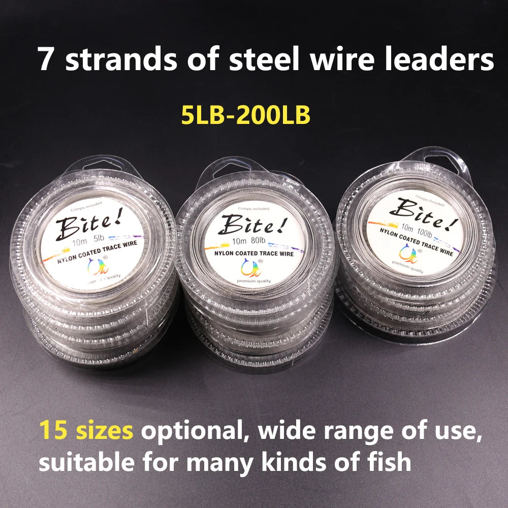 10M 7 Strands 5LB-200LB Nylon Coated Trace Wire Braided Steel Wire Leader Coating Jigging Fish Line Sea Fishing Rigs Accessories