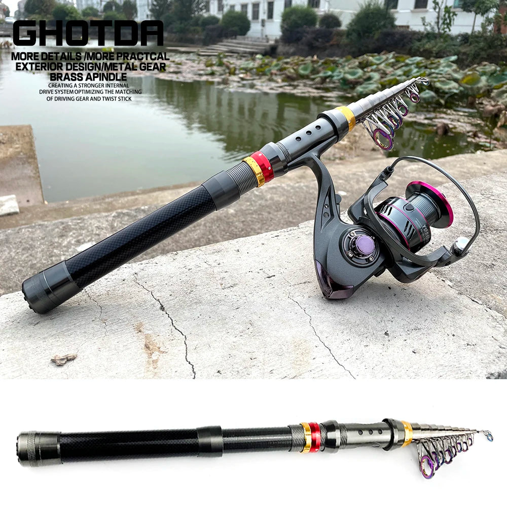 1.8-3.6m Carbon Fiber Spinning Fishing Rod 5.2:1 Fishing Reel Combo Telescopic Fishing Pole Spinning Reel Kit Pesca