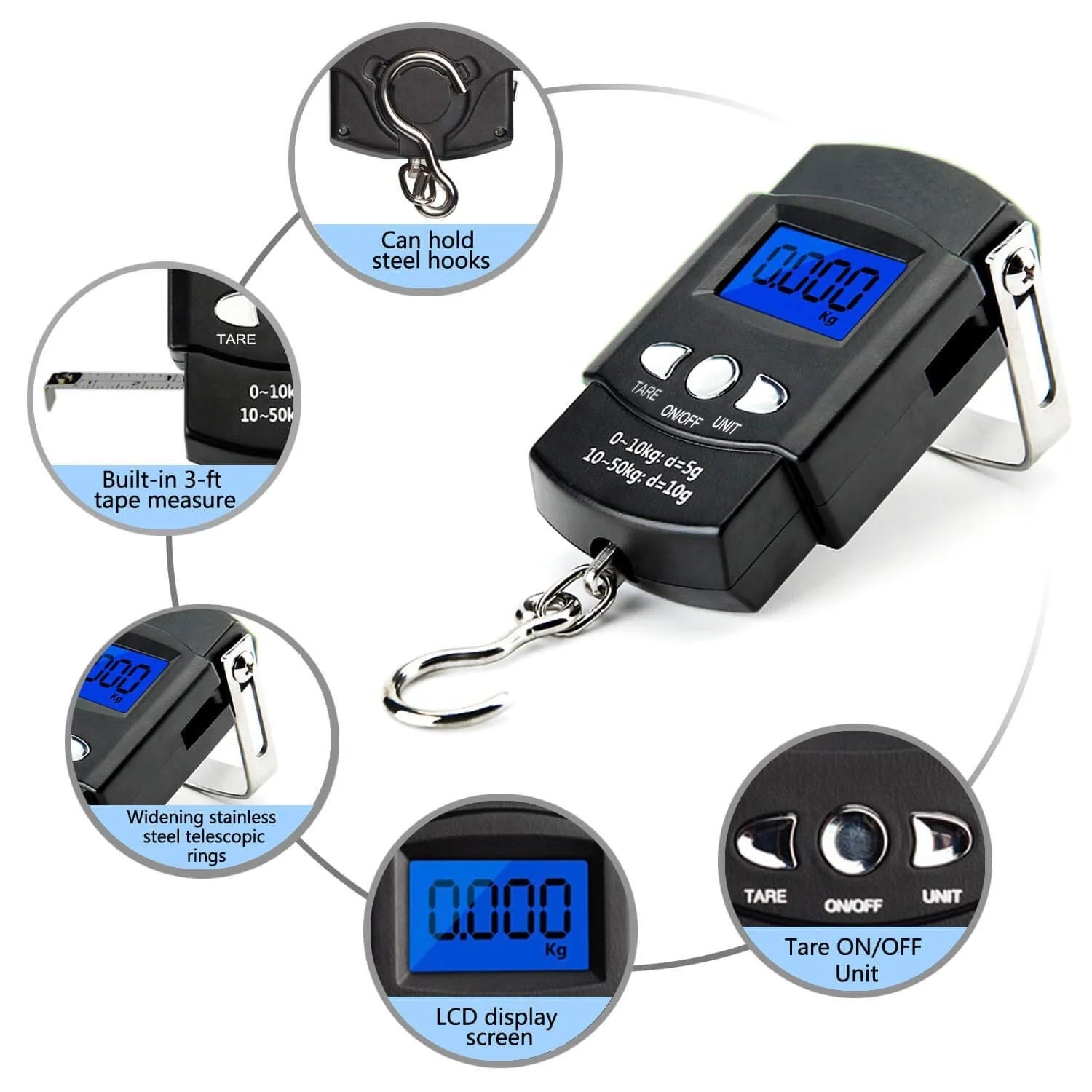 FLYSAND Electronic Scale Backlit LCD Display 110lb/50kg with Measuring Tape Balance Digital Fishing Hanging Hook Scale Tool