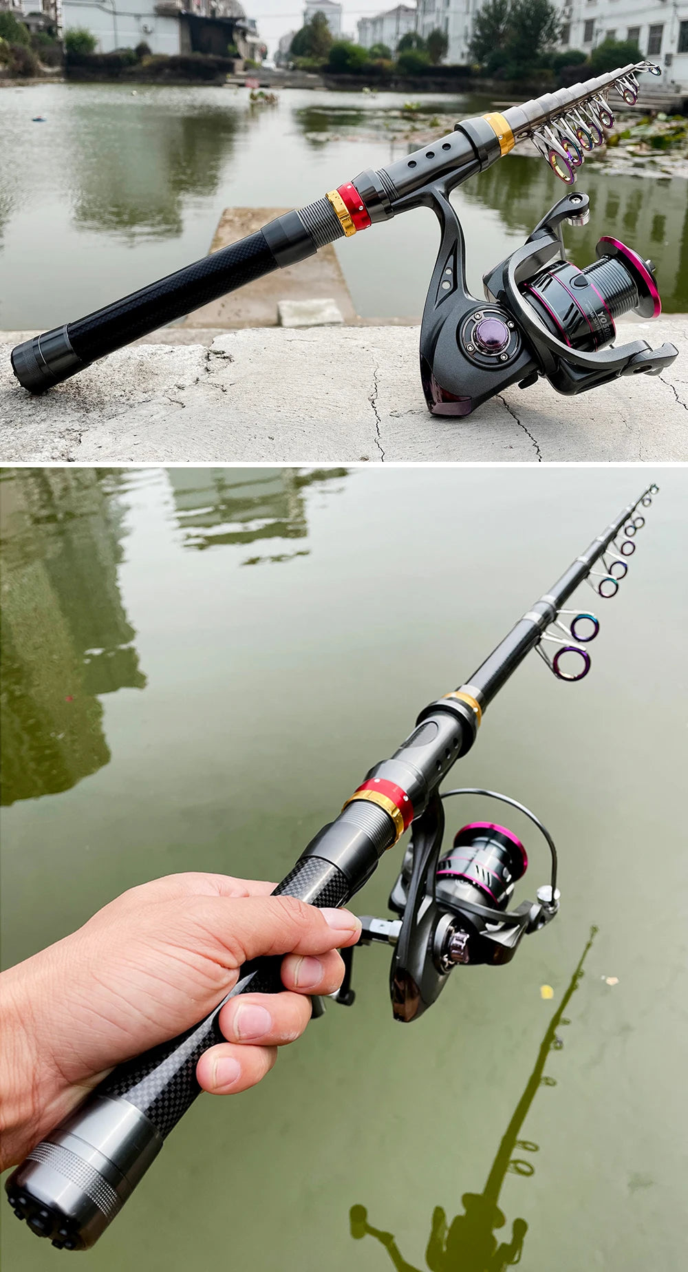 1.8-3.6m Carbon Fiber Spinning Fishing Rod 5.2:1 Fishing Reel Combo Telescopic Fishing Pole Spinning Reel Kit Pesca