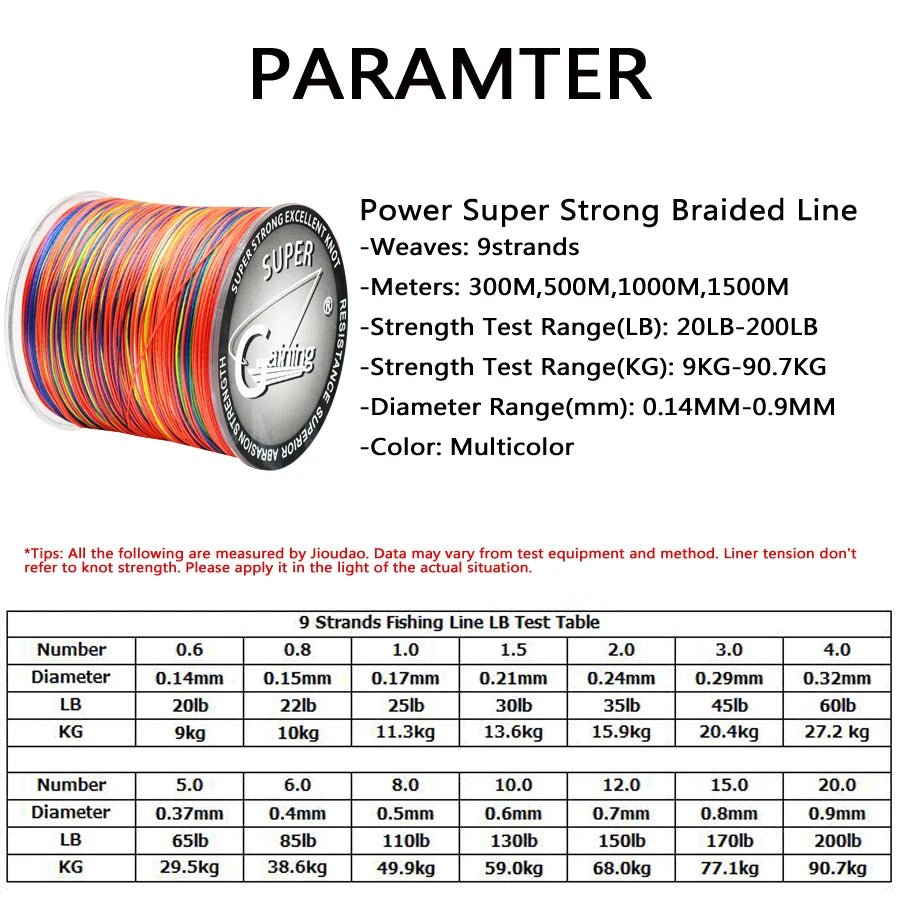 Braided Fishing Line 9 Strands PE Multicolor Fishing Lines Braid 300m 500m 1000m 1500m Strong Strength Fish Line 20LB-200LB