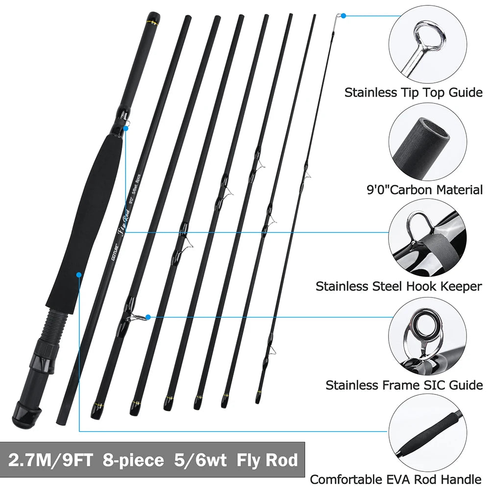 Goture 2.7m/9FT Fly Fishing Rod Set 5/6WT 8pcs Carbon Fiber Fly Rod Combo Portable Travel Feeder with Reel Fishing Tackle Bag