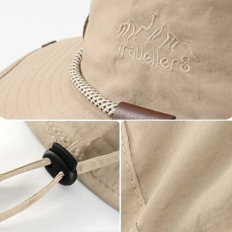 Men Bucket Hat Letter Embroidery Leather Label Cowboy Hat Waterproof Outdoor Hiking Fishing Cap Light 8cm Brim Anti-UV Sun Hat