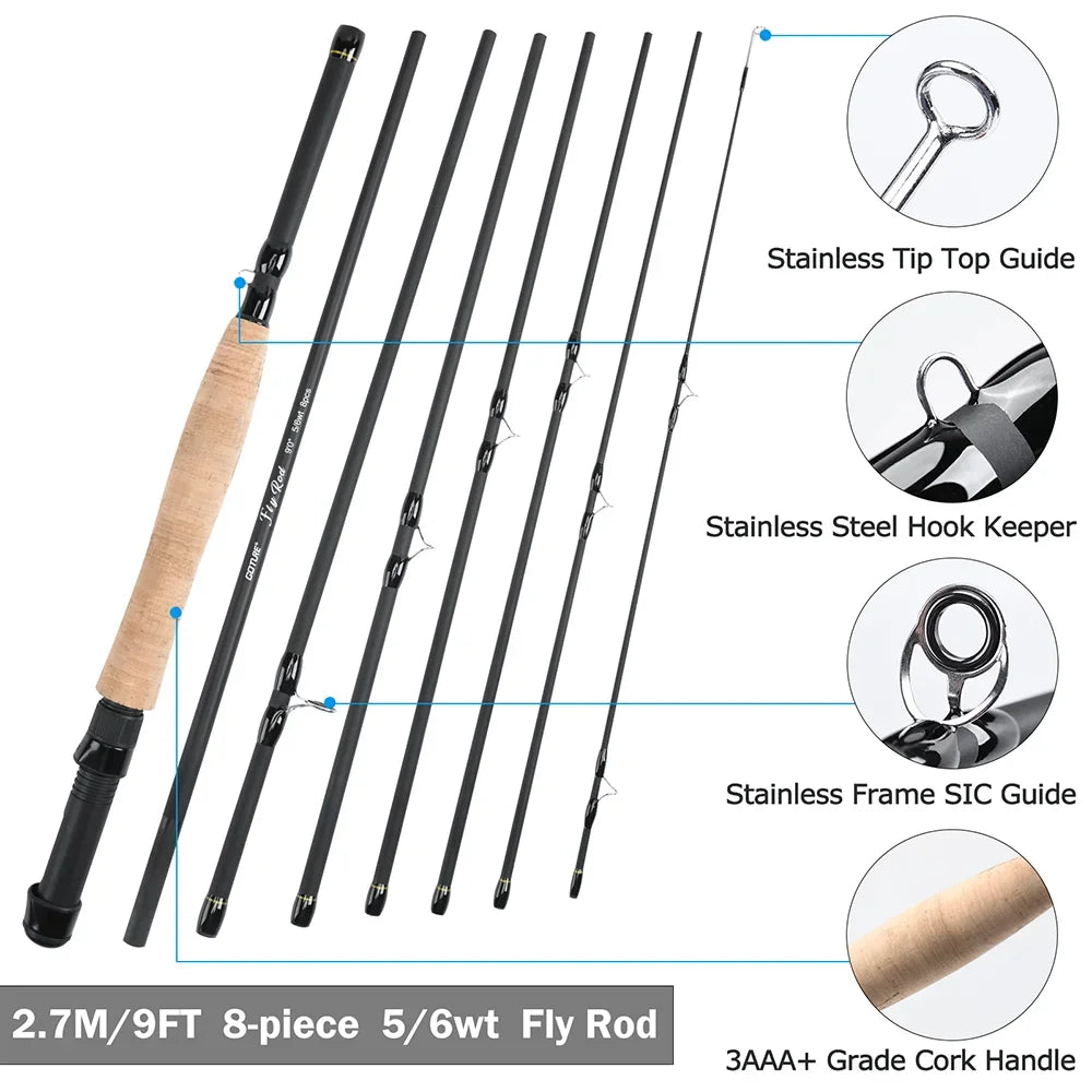 Goture 2.7m/9FT Fly Fishing Rod Set 5/6WT 8pcs Carbon Fiber Fly Rod Combo Portable Travel Feeder with Reel Fishing Tackle Bag