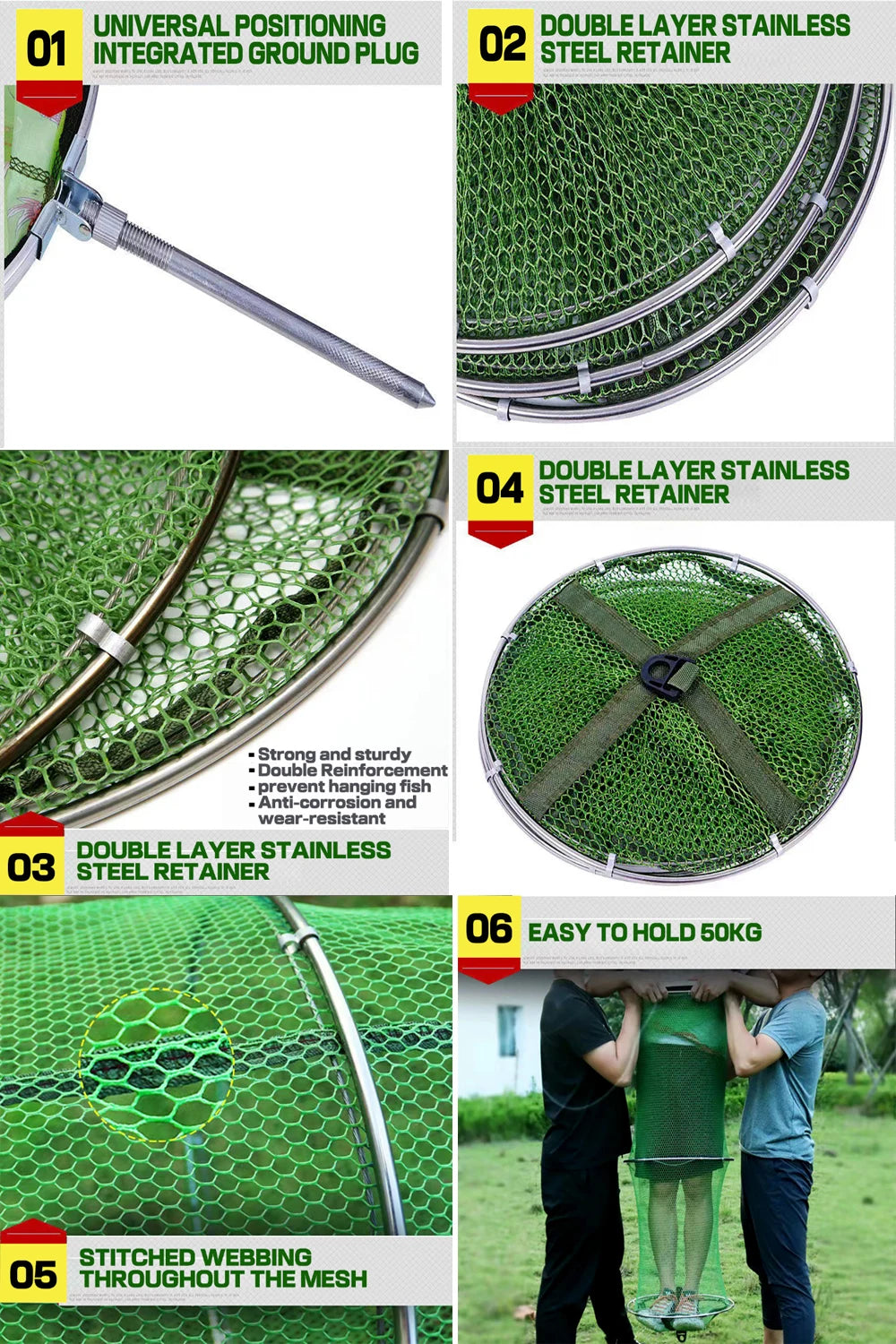 Portable Quick-drying Nylon Mesh Fishing Net Fish 50KG Capacity Crab Lobsters Mesh Cage Bucket Anti-jump Storage Bag 1.7-3.0M